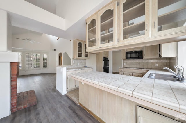 8226 Birmingham St, Bakersfield, CA 93311 - kitchen featuring black microwave, a sink, a peninsula, decorative backsplash, and high vaulted ceiling