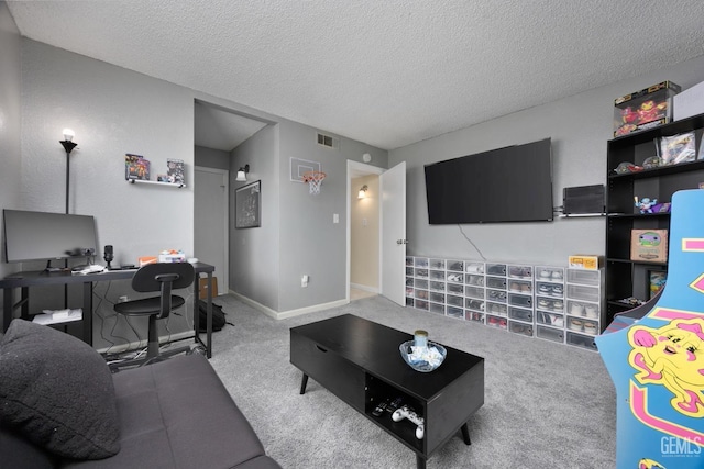 carpeted living room featuring visible vents, a textured ceiling, and baseboards