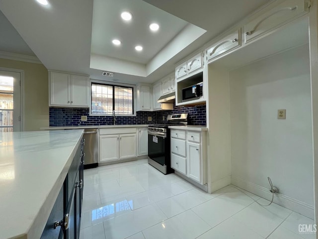 kitchen featuring sink, white cabinetry, tasteful backsplash, a tray ceiling, and stainless steel appliances