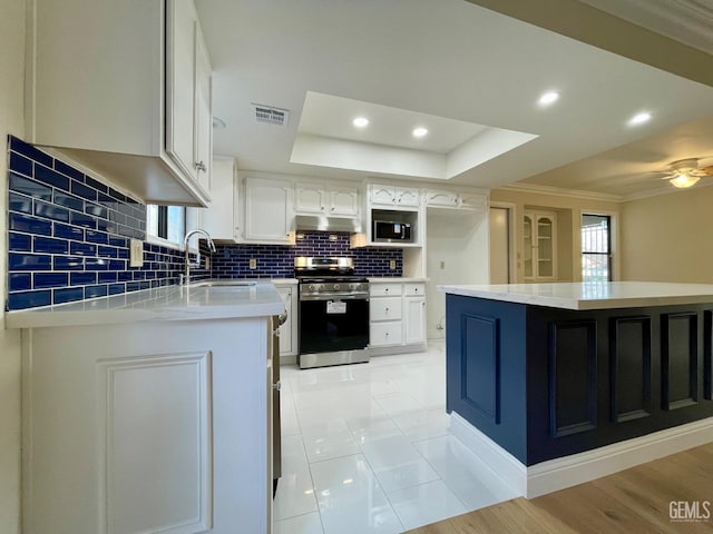 kitchen featuring white cabinets, a raised ceiling, sink, and stainless steel range oven