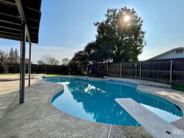 view of swimming pool with a diving board and a patio area