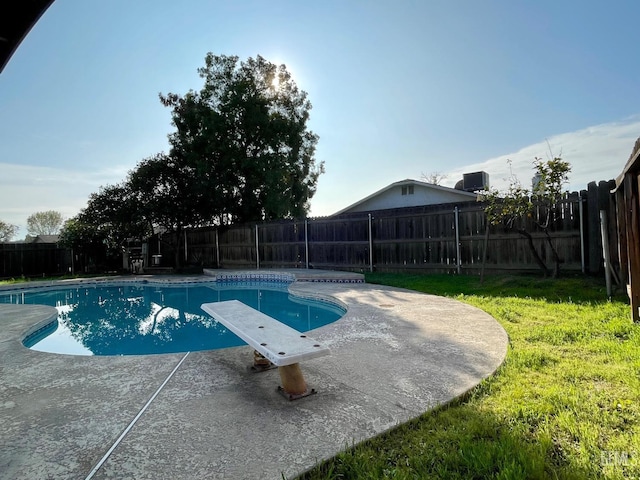 view of pool with a patio, a lawn, and a diving board