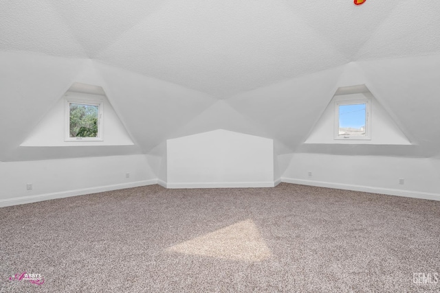 additional living space with a textured ceiling, vaulted ceiling, carpet floors, plenty of natural light, and baseboards