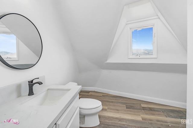 bathroom featuring wood finished floors, healthy amount of natural light, toilet, vanity, and lofted ceiling