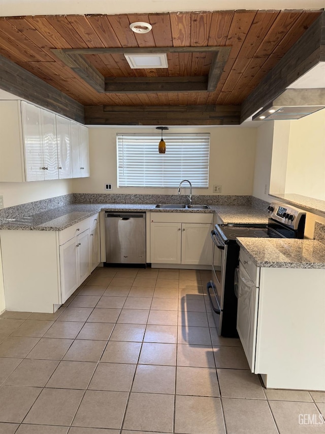 kitchen with light tile patterned flooring, white cabinetry, sink, stainless steel appliances, and wooden ceiling