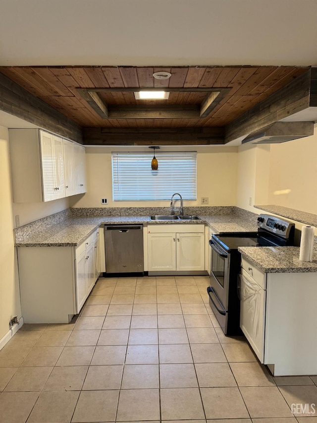 kitchen with sink, white cabinetry, light tile patterned floors, wooden ceiling, and appliances with stainless steel finishes