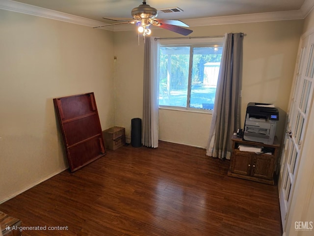 10302 Willow Bend Ct, Bakersfield, CA 93312 - spare room featuring dark wood-style flooring, a ceiling fan, and ornamental molding