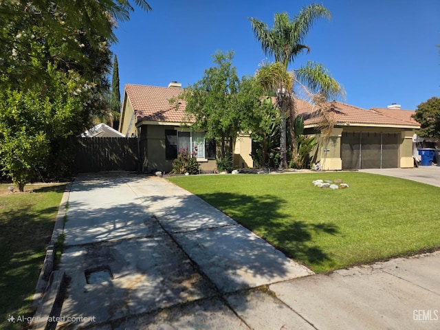 10302 Willow Bend Ct, Bakersfield, CA 93312 - obstructed view of property featuring a tile roof, concrete driveway, stucco siding, a garage, and a chimney