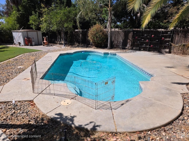 10302 Willow Bend Ct, Bakersfield, CA 93312 - view of swimming pool with a fenced backyard, a storage shed, and a patio