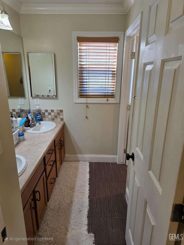 10302 Willow Bend Ct, Bakersfield, CA 93312 - bathroom featuring ornamental molding and double vanity