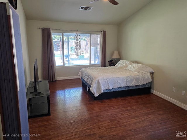 10302 Willow Bend Ct, Bakersfield, CA 93312 - bedroom featuring lofted ceiling, dark wood-type flooring, and a ceiling fan