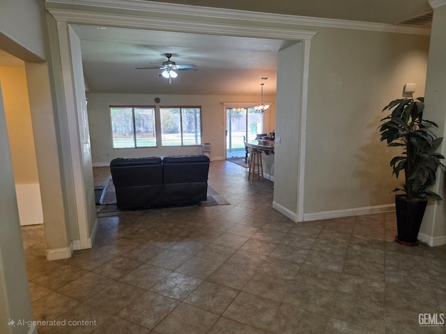 10302 Willow Bend Ct, Bakersfield, CA 93312 - living area with a ceiling fan, plenty of natural light, a chandelier, and crown molding