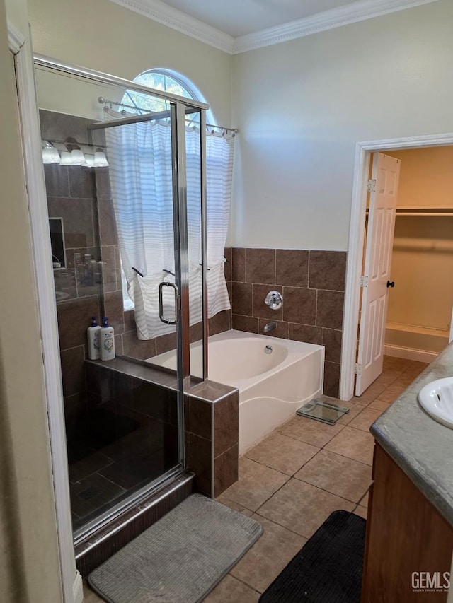 10302 Willow Bend Ct, Bakersfield, CA 93312 - full bathroom featuring a stall shower, a bath, vanity, tile patterned flooring, and ornamental molding