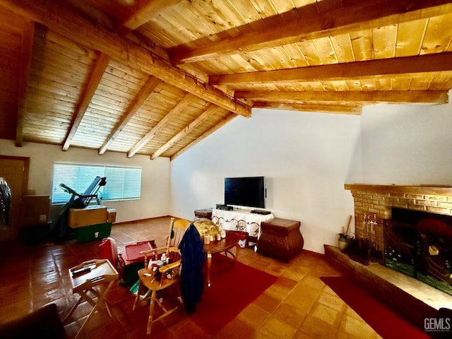 living room with vaulted ceiling with beams, wooden ceiling, and a brick fireplace