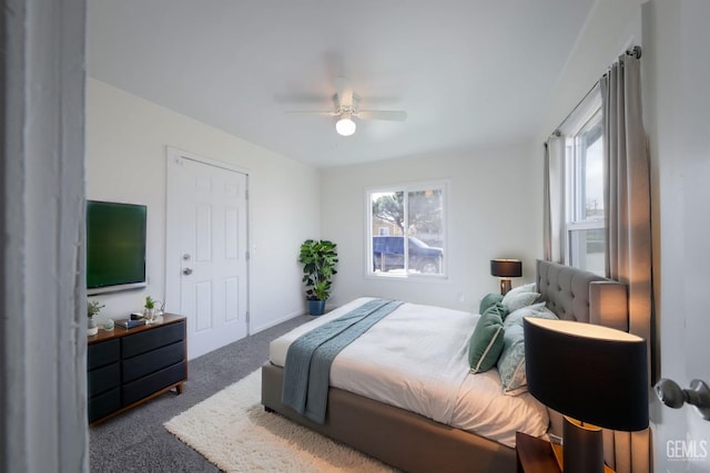 bedroom featuring multiple windows, ceiling fan, and carpet floors