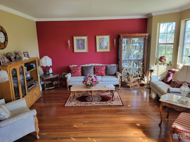 living room with hardwood / wood-style flooring and ornamental molding