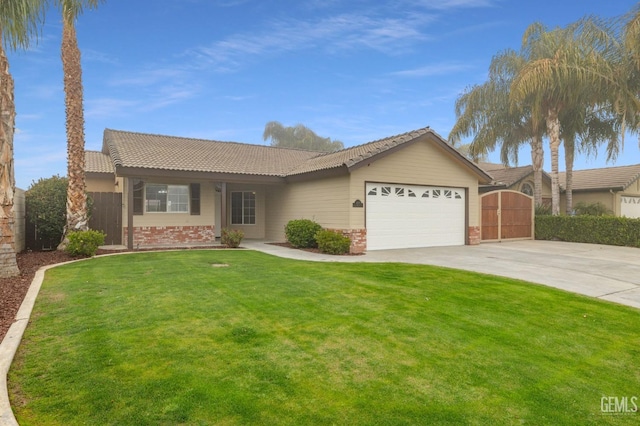 ranch-style house with a front yard and a garage