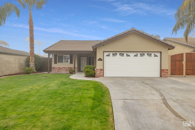 ranch-style house with a front yard and a garage