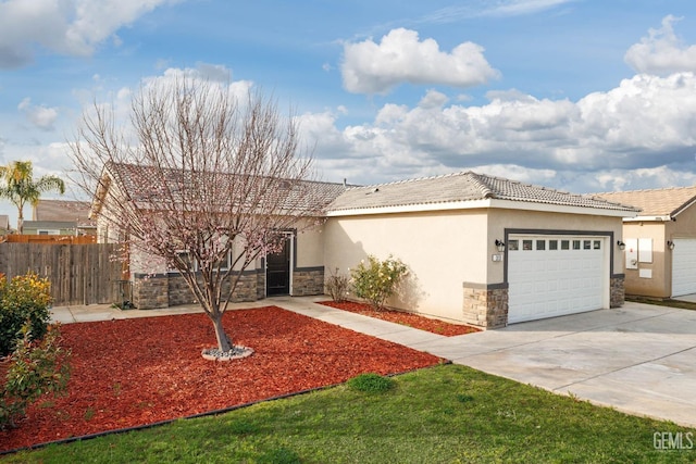 single story home featuring a garage, stone siding, driveway, a tiled roof, and stucco siding