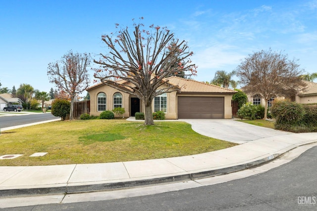 7303 Glenn Miller Ct, Bakersfield, CA 93312 - view of front of house with a front yard, a tiled roof, a garage, stucco siding, and driveway