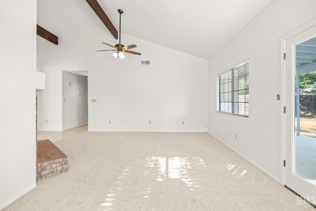 7205 Bandolero Way, Bakersfield, CA 93308 - unfurnished living room featuring beamed ceiling, ceiling fan, carpet flooring, and high vaulted ceiling