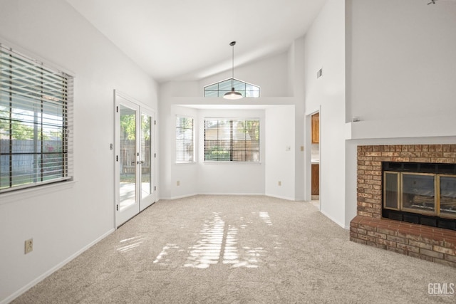 7205 Bandolero Way, Bakersfield, CA 93308 - unfurnished living room featuring carpet floors, vaulted ceiling, a fireplace, and baseboards