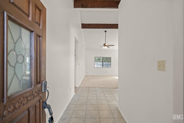 7205 Bandolero Way, Bakersfield, CA 93308 - entrance foyer featuring light colored carpet, ceiling fan, beam ceiling, light tile patterned floors, and high vaulted ceiling
