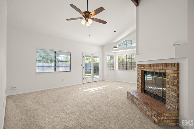 7205 Bandolero Way, Bakersfield, CA 93308 - unfurnished living room with carpet flooring, ceiling fan, a brick fireplace, baseboards, and high vaulted ceiling