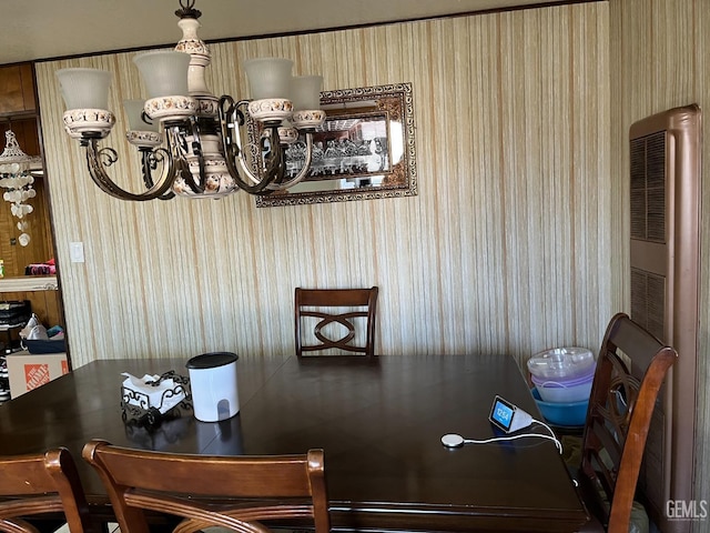 267 Cedar Ave, Earlimart, CA 93219 - dining room with a heating unit, wallpapered walls, and a chandelier