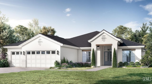 view of front facade with a front lawn and a garage