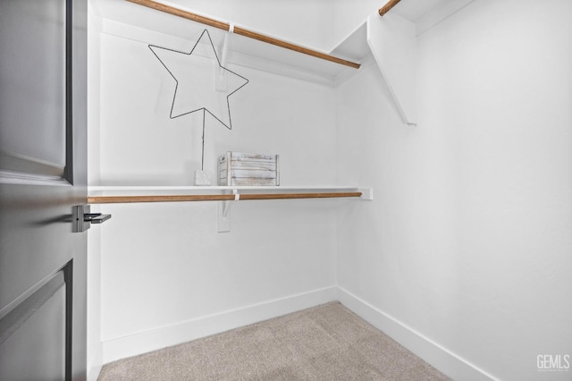 spacious closet featuring light colored carpet