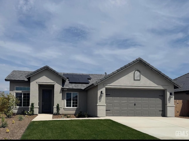 4619 Dry Port Way, Bakersfield, CA 93306 - ranch-style home with an attached garage, stucco siding, driveway, and solar panels