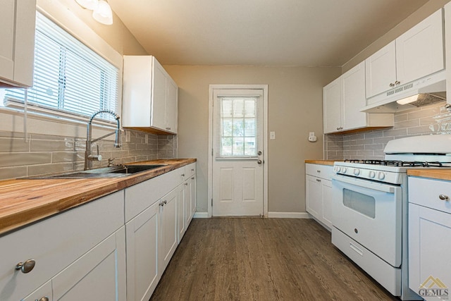 kitchen with sink, white cabinets, wooden counters, and white gas range oven