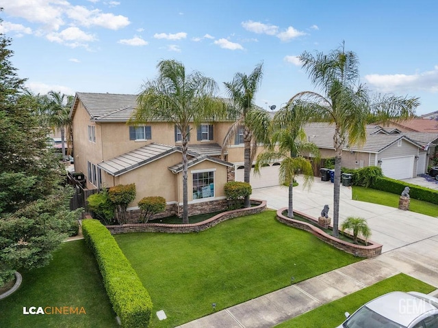 11703 Revolution Rd, Bakersfield, CA 93312 - view of front of home featuring concrete driveway, stucco siding, a garage, stone siding, and a front yard