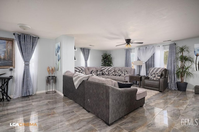 11703 Revolution Rd, Bakersfield, CA 93312 - living room featuring marble tiled flooring and a ceiling fan