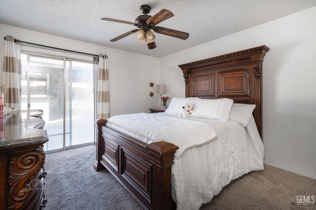 carpeted bedroom featuring ceiling fan, a textured ceiling, and access to outside