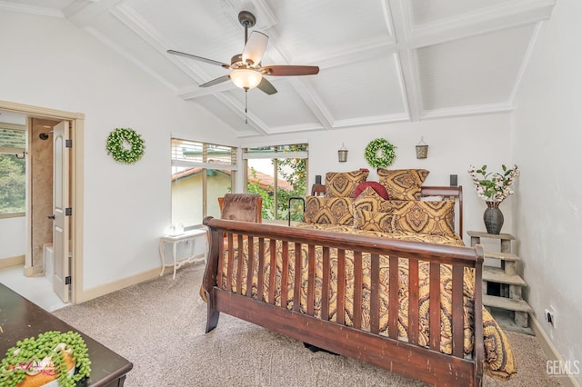 bedroom featuring carpet, ensuite bath, lofted ceiling with beams, and baseboards