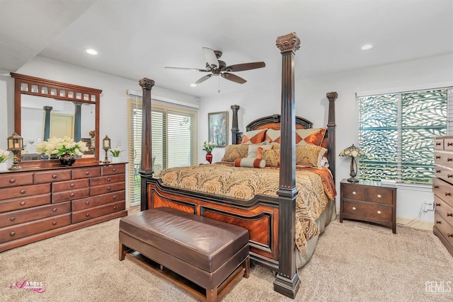 bedroom with recessed lighting, carpet flooring, and ceiling fan