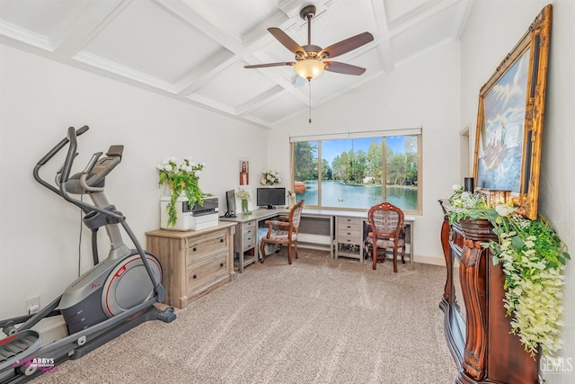 home office with baseboards, coffered ceiling, a ceiling fan, light colored carpet, and vaulted ceiling with beams