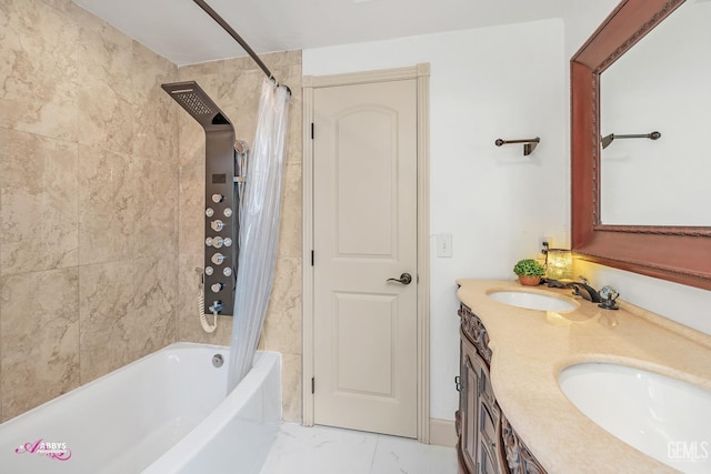 bathroom with double vanity, marble finish floor, shower / bath combination with curtain, and a sink