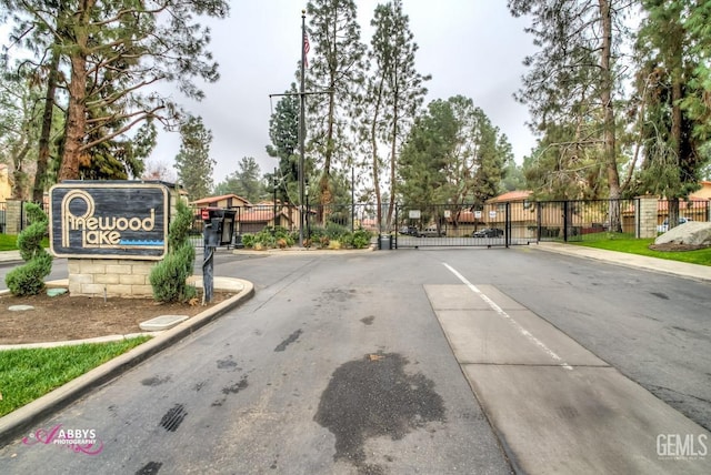 view of road featuring curbs, a gated entry, and a gate