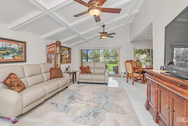 living area with lofted ceiling with beams, marble finish floor, ceiling fan, and coffered ceiling