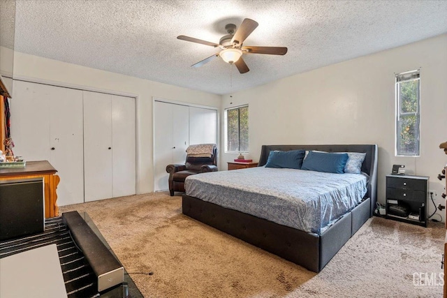 bedroom with multiple closets, carpet, a textured ceiling, and multiple windows