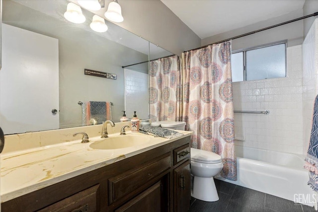 full bathroom featuring shower / tub combo with curtain, vanity, and toilet