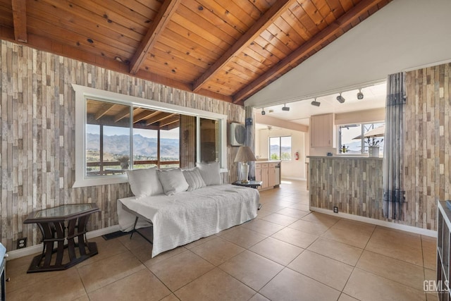 living area featuring wooden ceiling, wood walls, and light tile patterned floors