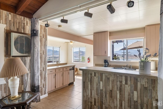 kitchen featuring rail lighting, light tile patterned flooring, a sink, and plenty of natural light