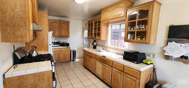 3871 W 109th St Unit 1, Inglewood, CA 90303 - kitchen featuring range with gas cooktop, extractor fan, stainless steel microwave, a sink, and glass insert cabinets