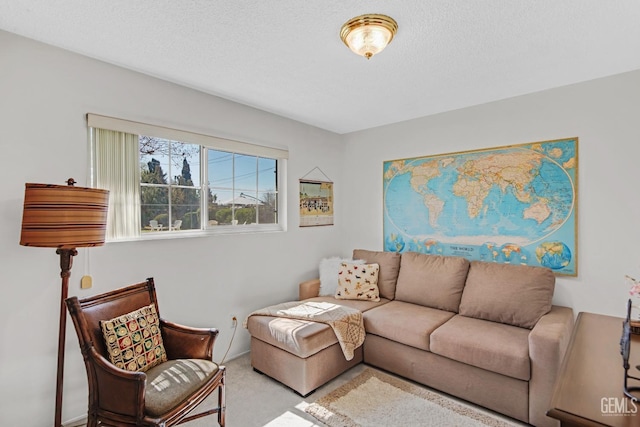 living area featuring carpet floors and a textured ceiling