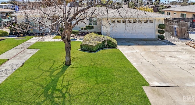 view of yard with concrete driveway, an attached garage, and fence