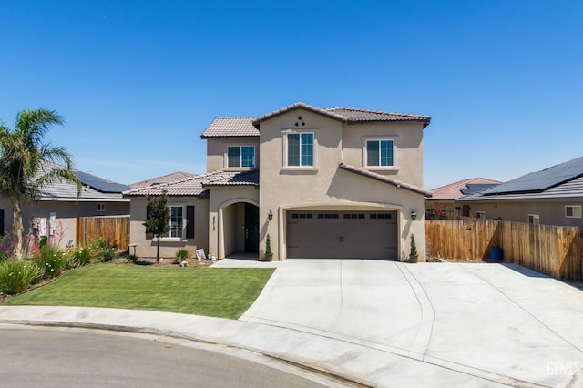 8610 Kowa St, Bakersfield, CA 93314 - mediterranean / spanish-style home with stucco siding, a tiled roof, a garage, and concrete driveway